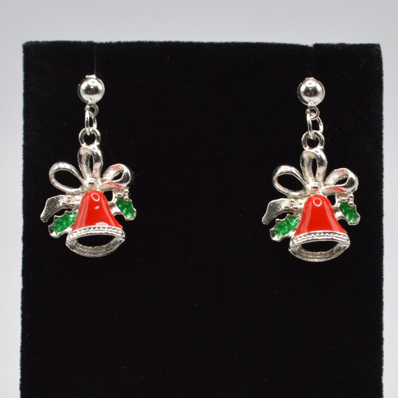 Red Bells with Mistletoe Silver Earrings